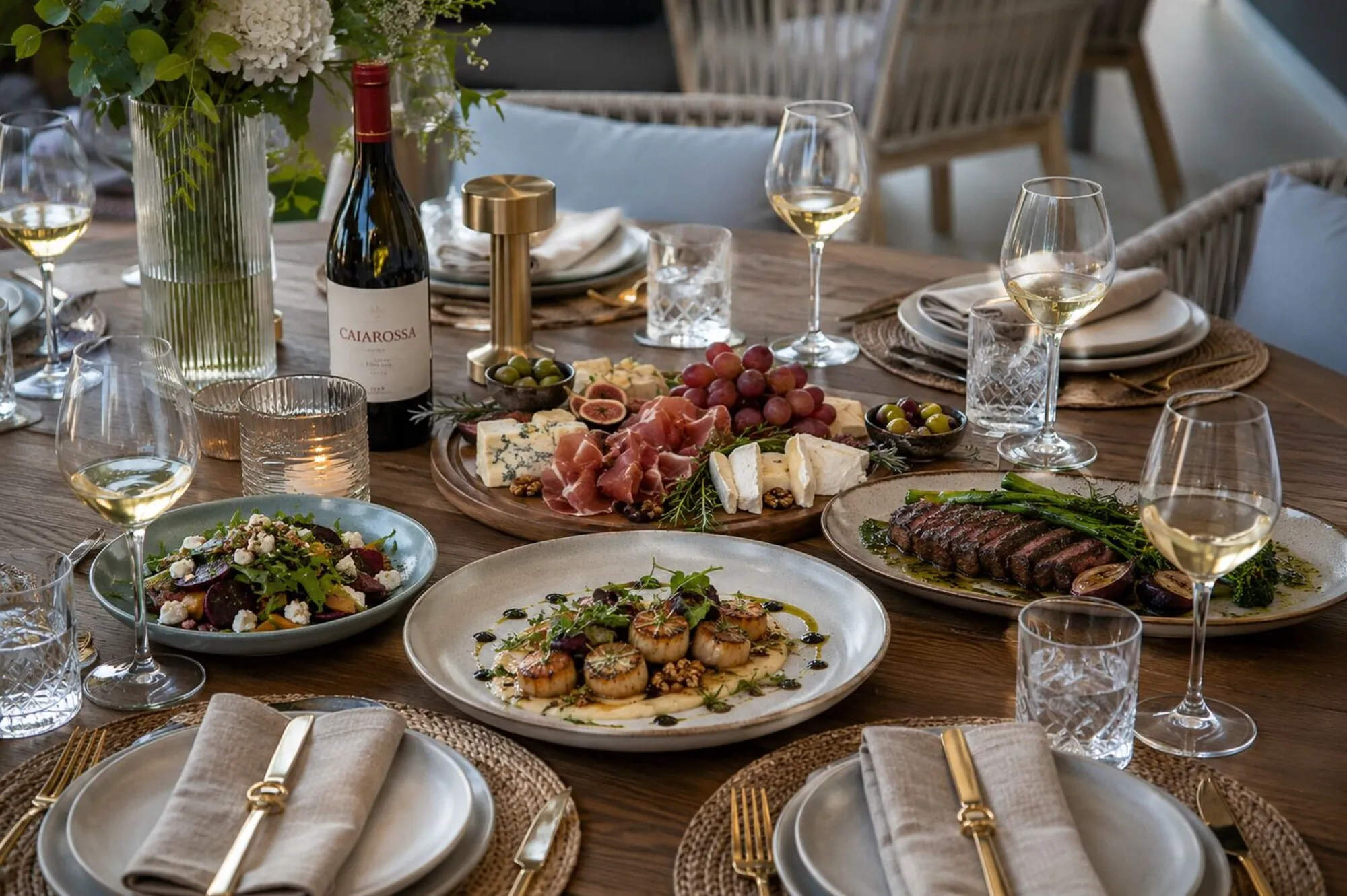 A dinner table set with dishes prepared by a private chef at Casa Picasso, a rental villa in Pedregal, Los Cabos