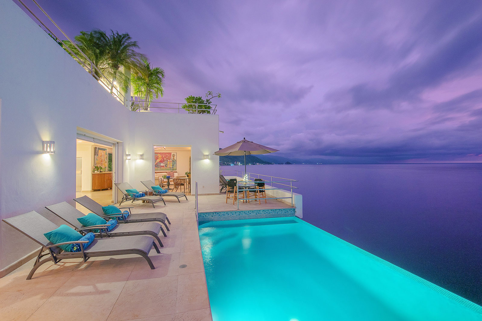 Villa Balboa, a rental villa on the south shore of Puerto Vallarta, above Banderas Bay at dusk